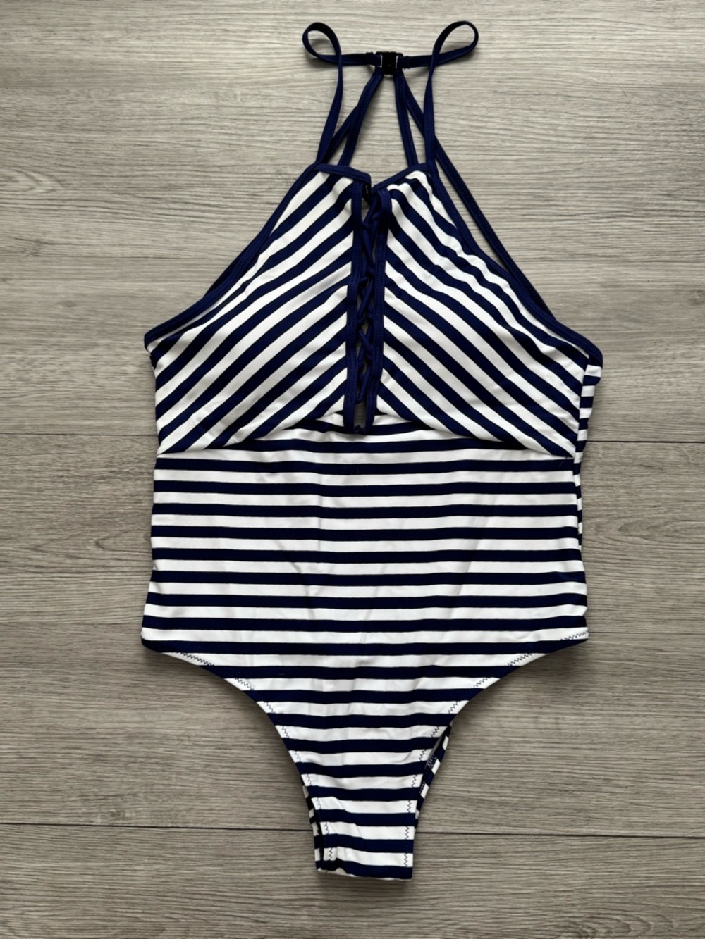 Ree Bees One Piece Navy Blue White Stripe Lace Up Front Swim Suit Medium NWOT